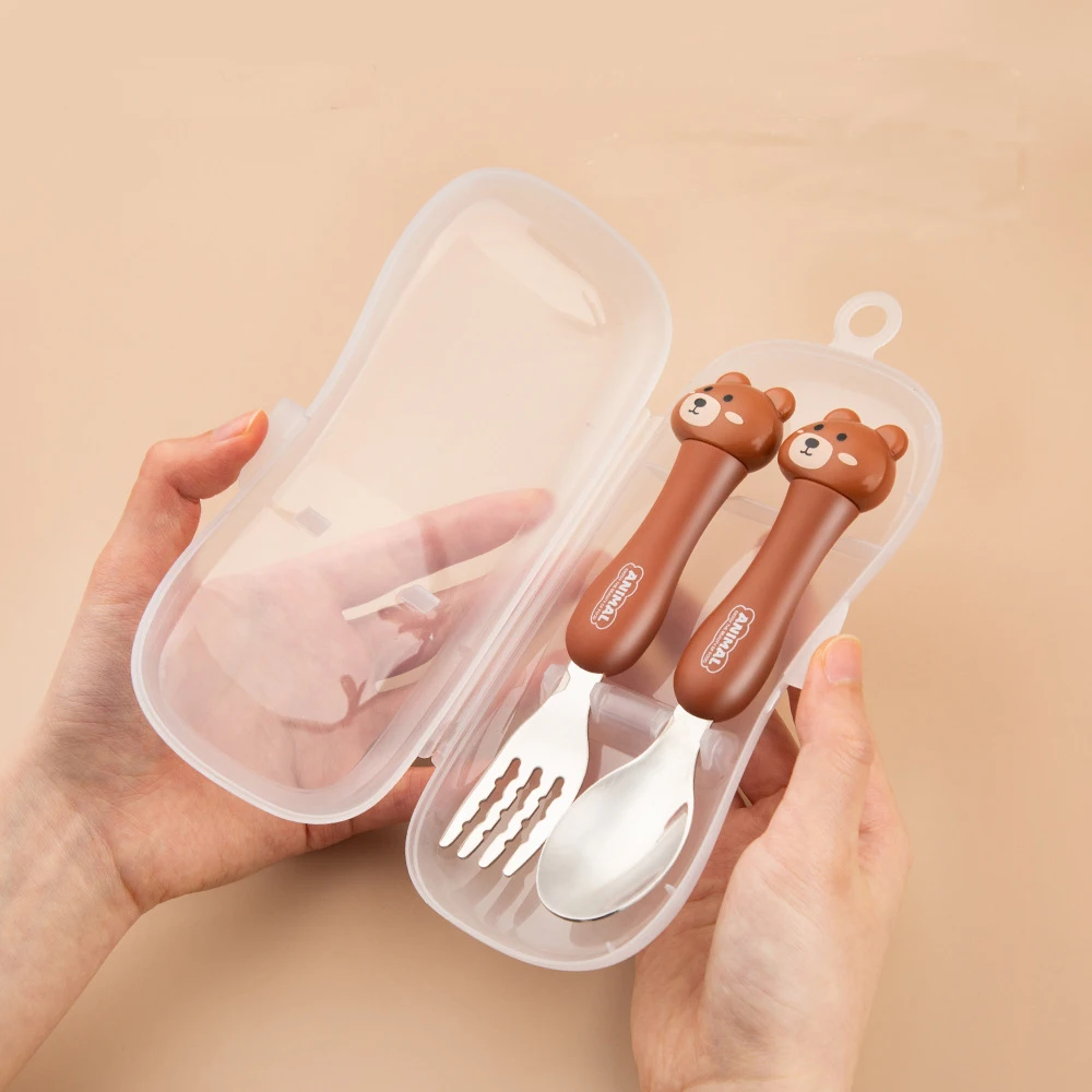 2pcs Cartoon Kids Cutlery Set Cute Bear Frog Spoon Fork with Box Stainless Steel Tableware for Kids Students Bento Accessories
