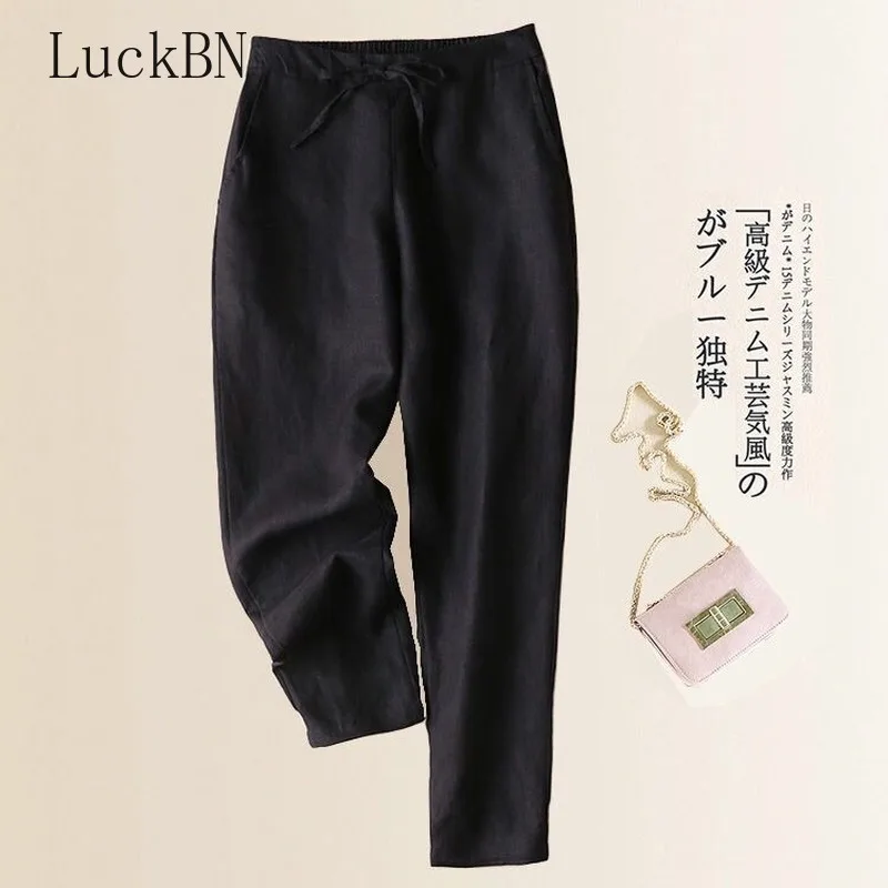 Шаровары женские однотонные из хлопка и льна брюки-султанки с эластичным поясом