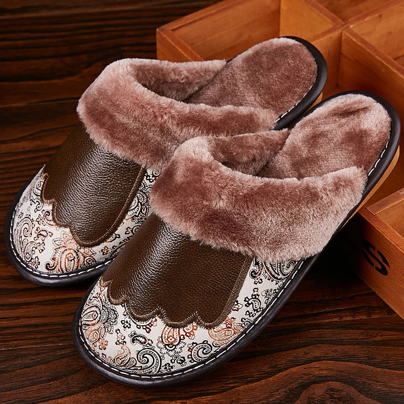 

Fur Slippers Women Fashion Embroider Woman slippers home PU Leather waterproof Warm Indoor Slippers Soft Warm House slippers