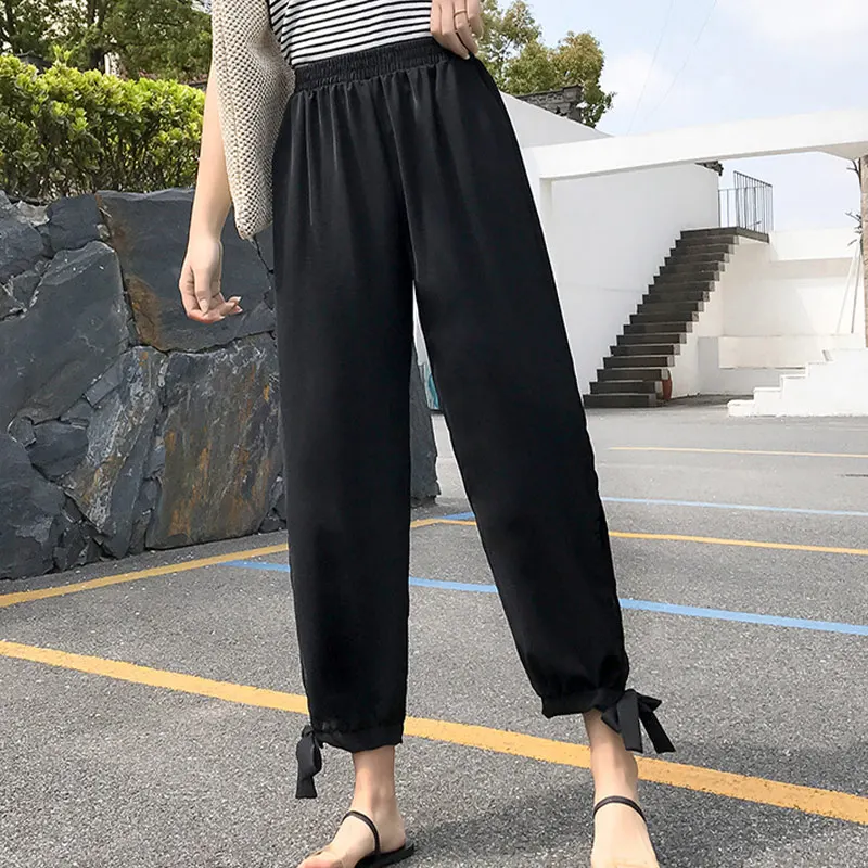

All-Match Retro Women Loose Solid Color Pockets Streetwear Ladies Fashion Polyester Trousers Long Pants Chiffon Hollow Out