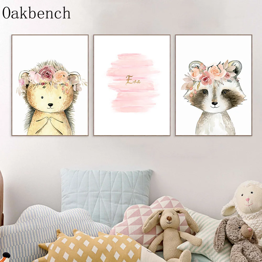 Детский постер с изображением лисицы енота холст рисунок розового цвета на заказ