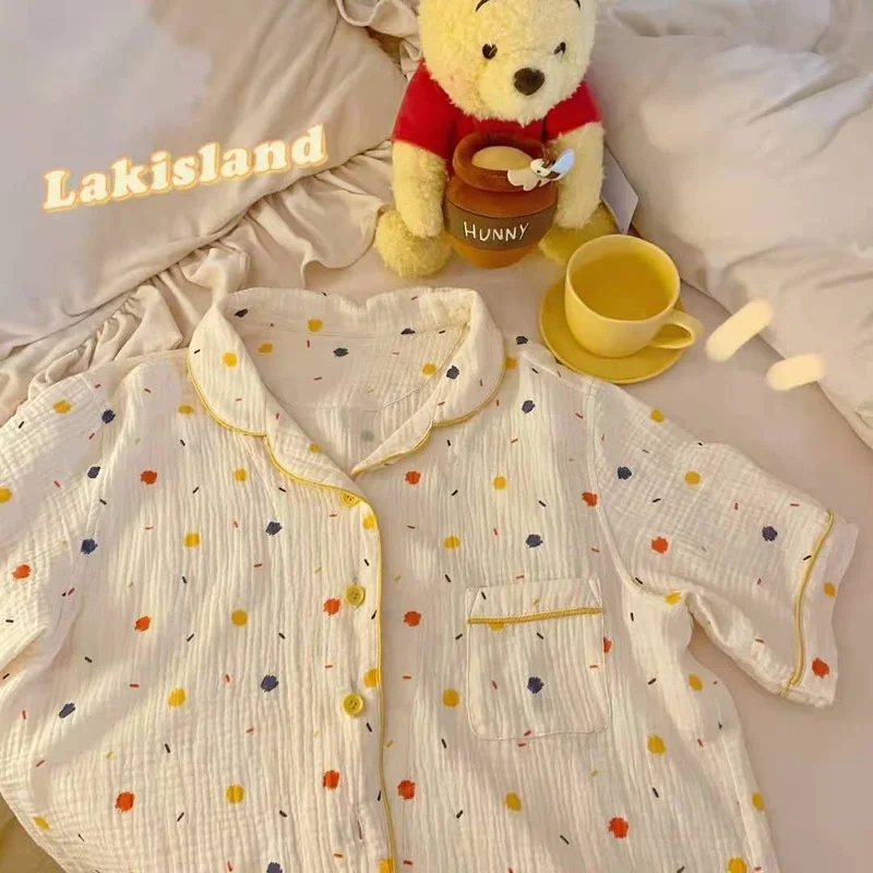 

QWEEK Pajamas for Women Cotton Home Suit Dot Pattern Pyjamas Two Piece Set Summer Kawaii Cute Pijamas Breathable Absorb Sweat