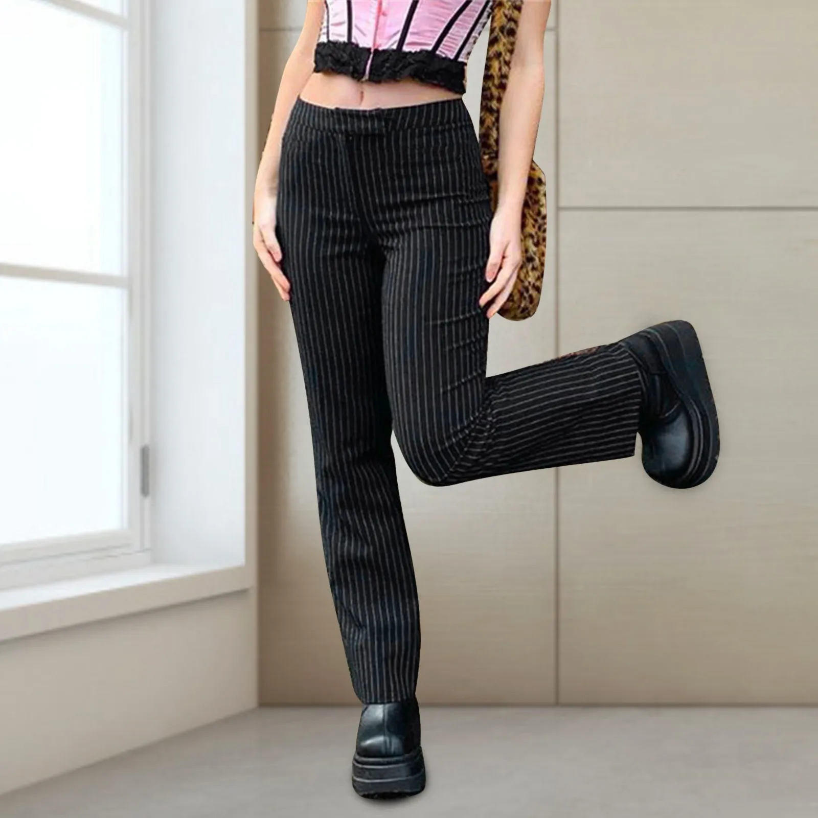 

Harajuku Women's Pants Striped Pants Casual Mid Waist Straight Pants VintageSkinny Trouse 2022 Fashion pantalon pour femme
