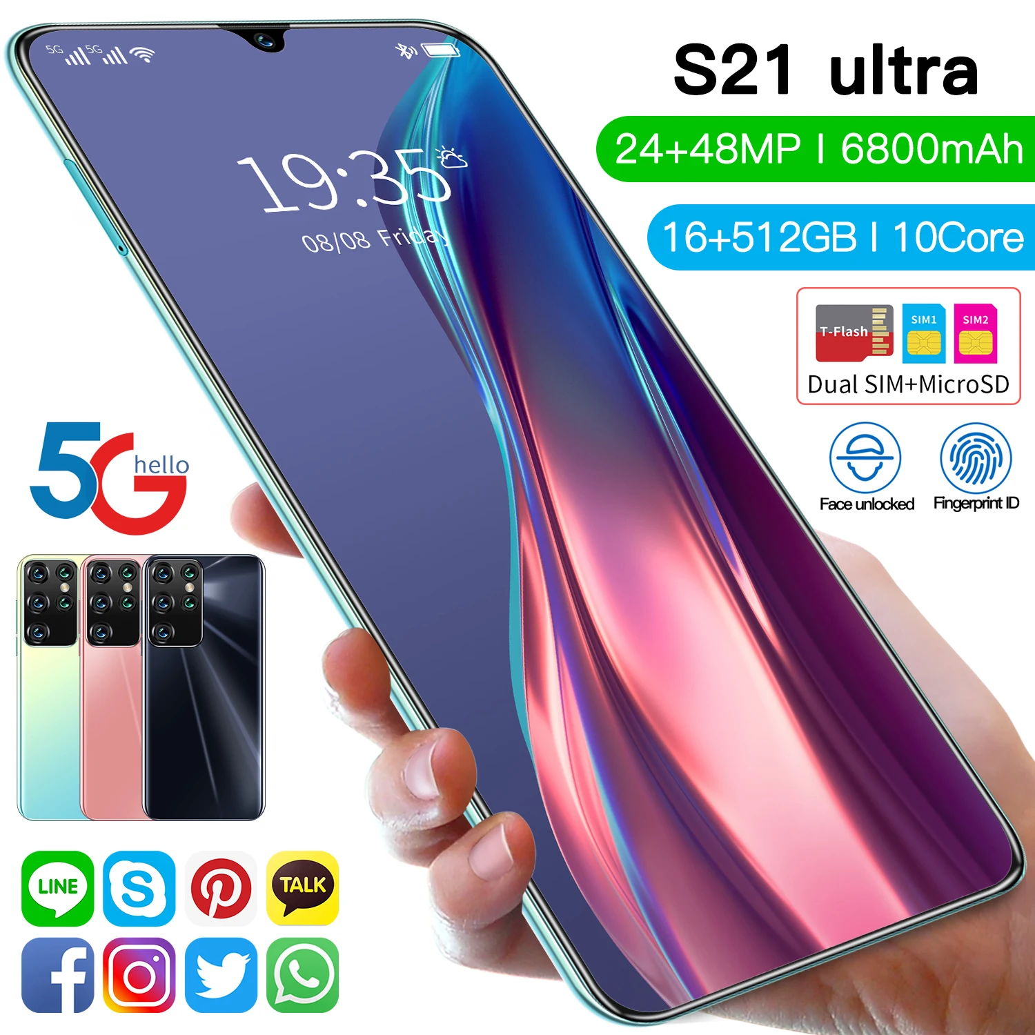 

Смартфон S21, 16 + 512 ГБ, 7,1 дюйма, 3 слота для карт, 24 + 48 МП, 6800 мА · ч, Android 10,0, 4G