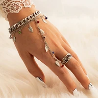retro color zircon leaf tassel bracelet ring for women silver color alloy bracelet connect to ring one jewelry ring set banquet