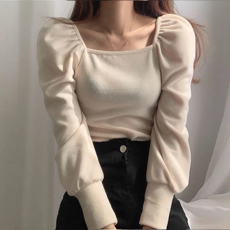 

Spring/Autumn Bubble Square Collar Pullover Knitted Bottoming Shirt Hollow Clavicle T Shirt Slim Fold Short Sweet Korean Shirt