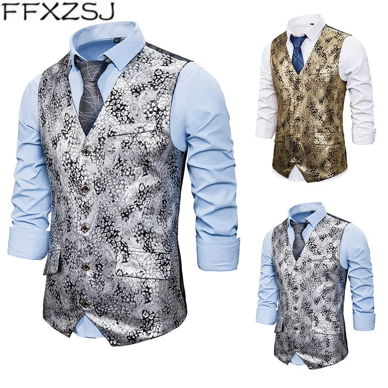 

Men's new style individuality nightclub business bronzing printing leisure double breasted vest European and American sizes XXL