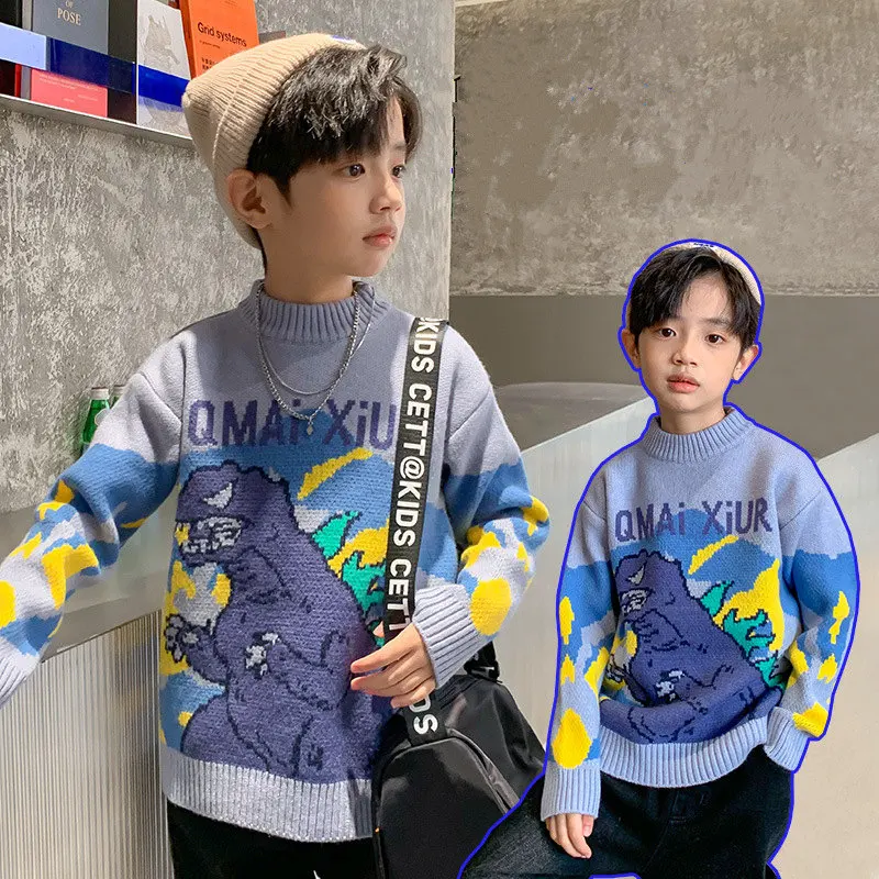 

Autumn Winter Boys Fashion Knitting Dinosaur Pattern Sweaters Korean Style Children Loose Warm Pullovers Tops 6 8 10 11 12 13Yrs