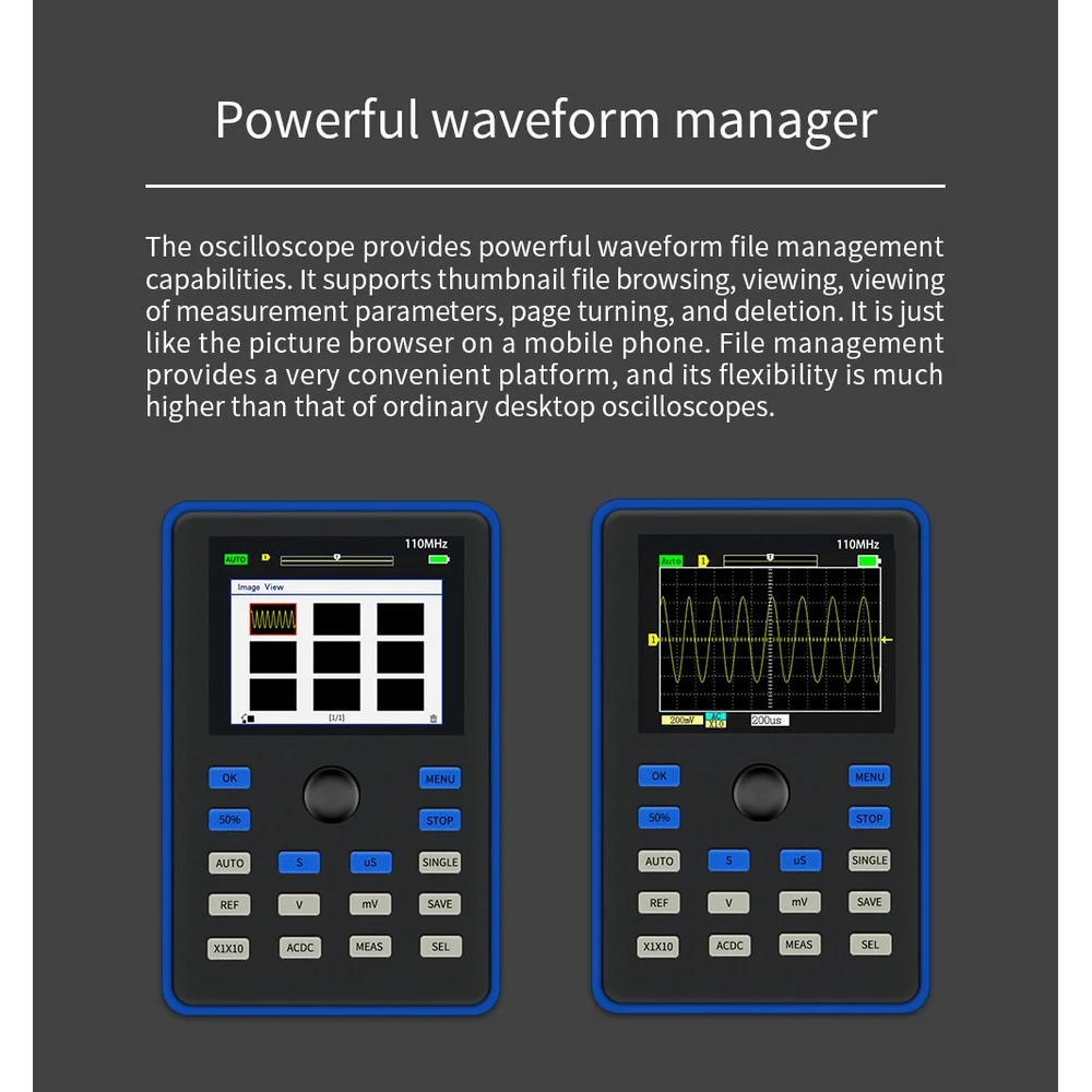 

DSO1C15 Professional Digital Oscilloscope 2.4Inch Screen 500MS/s Sampling Rate 110MHz Analog Bandwidth Support Waveform Storage