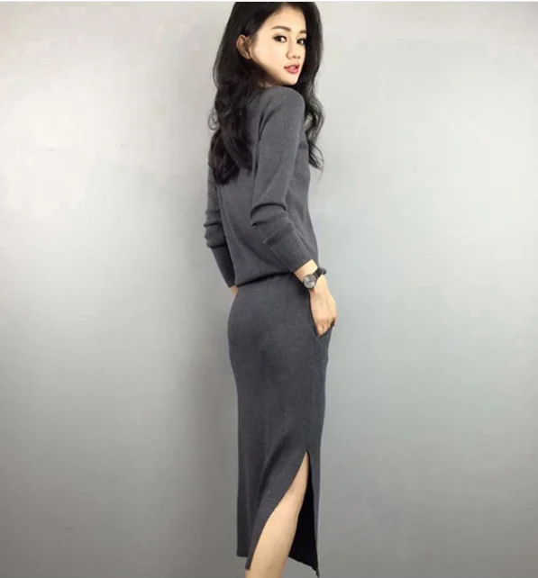 JS830J-2019 осенне-зимнее Новое модное однотонное тонкое платье | Женская одежда