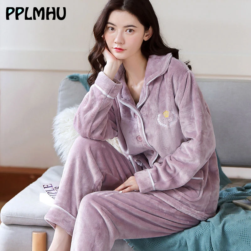 Большие размеры женские комплекты с вышивкой из двух предметов пижамные осенне