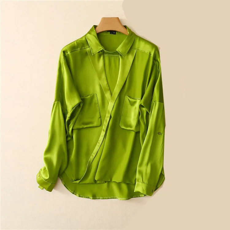 Женская блузка с длинным рукавом зеленая офисная из натурального шелка одежда