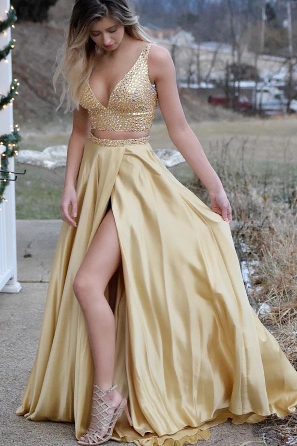 Gorgeous Two Piece Gold Long Beading Prom Dress Rhinestone Satin Slit Side Deep V Neck A Line Evening Custom Made | Свадьбы и
