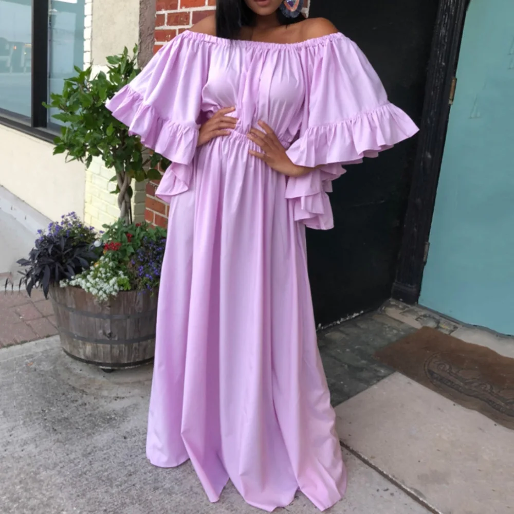 

Элегантное женское платье с открытыми плечами, с расклешенными рукавами, а-силуэт, с высокой талией, простое длинное платье-макси, фиолетово...