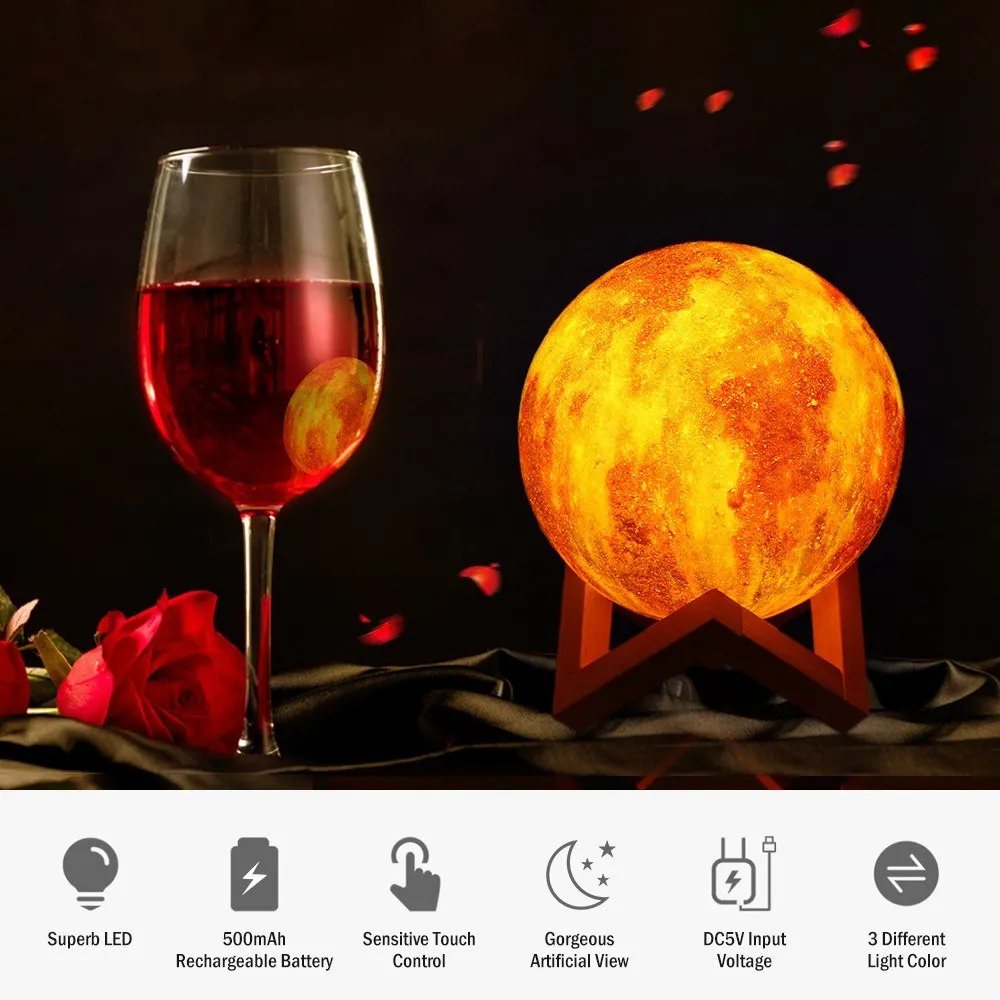 LED Moon Night Light Beside Atmosphere Lamp USB Powered Operated Sensitive Brightness Dimmable Built-in 500mAh High Capacity