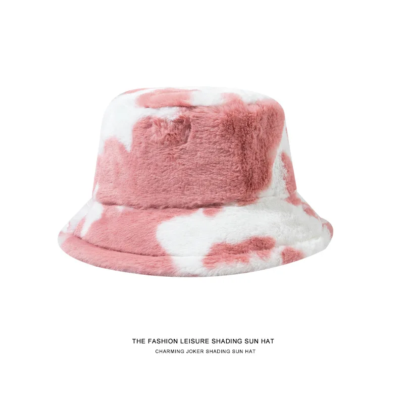 

Winter Cow Leopard Print Faux Fur Plush Bucket Hats For Women Outdoor Warm Hat Soft Velvet Fisherman Cap Lady Fashion Panama