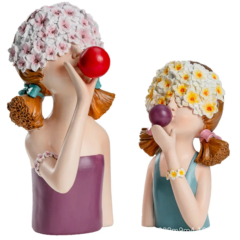 

European Style Cute Bubblegum Girl Sculpture Decoration Modern Home Study Desktop Crafts Creative Resin Figure Statue Home Decor