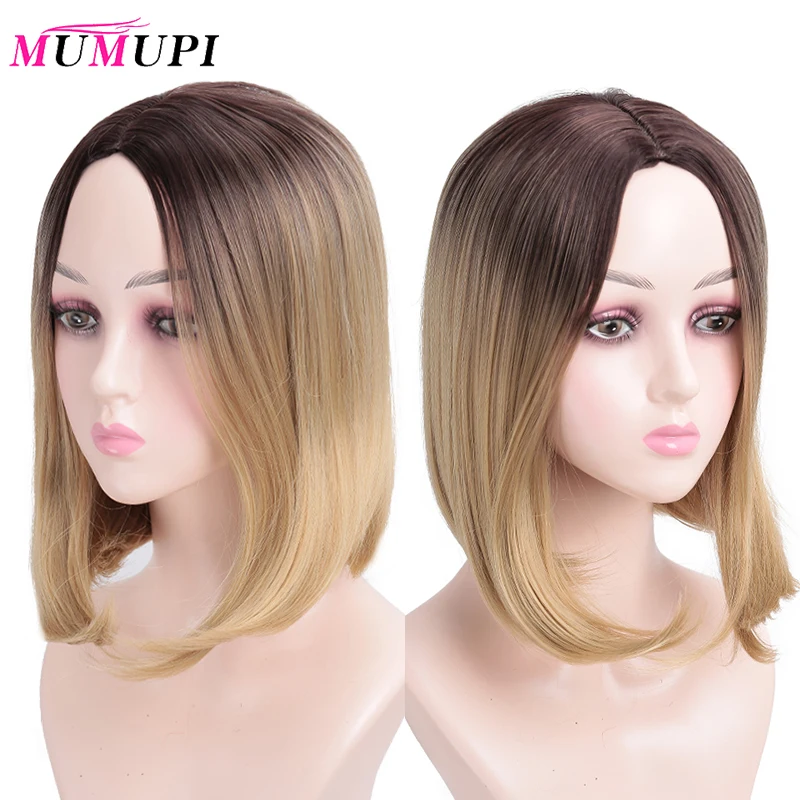 MUMUPI Ombre Brown Blonde Short Straight Heat Resistant Synthetic Hair Wig for Black/White Women Cosplay or Party Bob Wigs | Шиньоны и