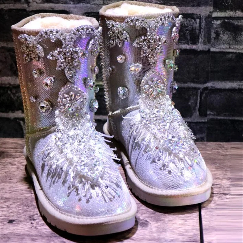 

Роскошные Водонепроницаемые зимние ботинки со стразами и драгоценными камнями и бахромой из лакированной кожи с жемчугом женская обувь из ...