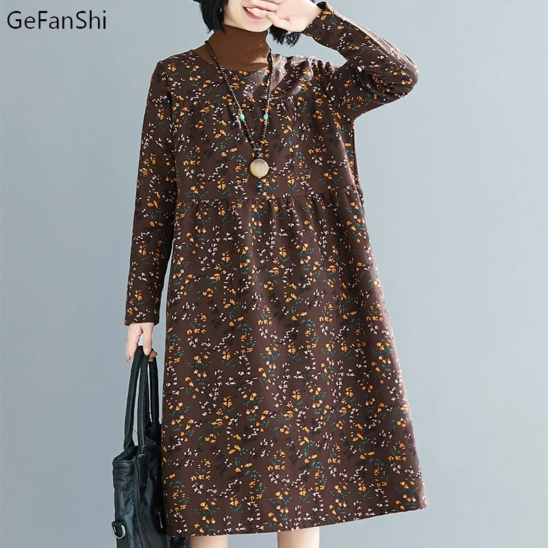 

Женское флисовое платье-водолазка, повседневное свободное теплое элегантное платье с длинным рукавом и винтажным принтом, Осень-зима