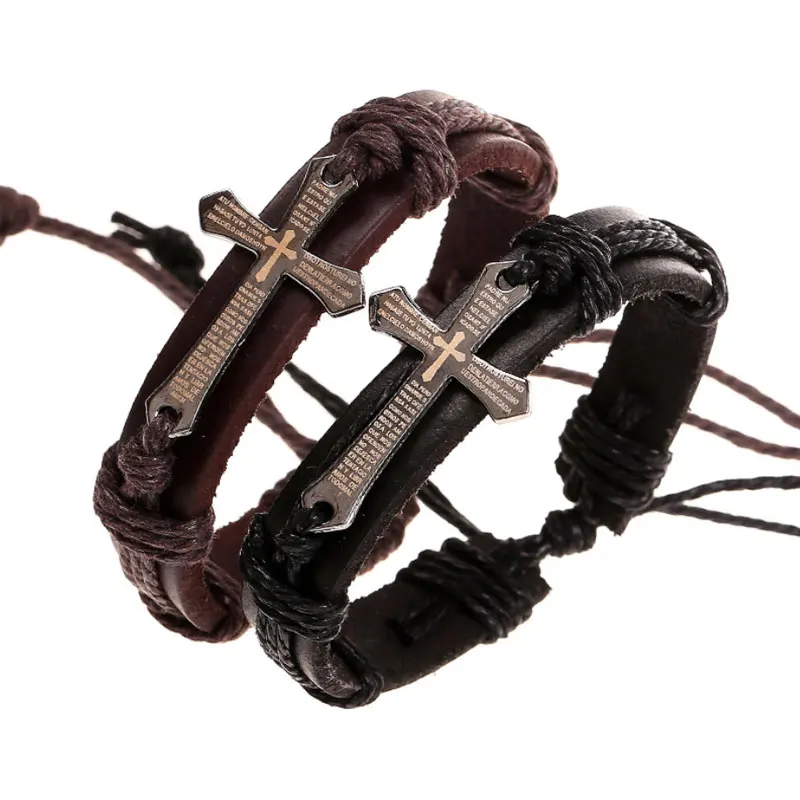 

New Simple Vintage Alloy Cross Leather Bracelets For Men Handmade Rope Punk Bangle Male Jewelry