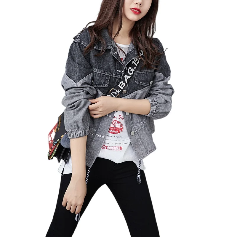

Patchwork Casual Drawstring Pleated Cropped Denim Jacket Women's Korean Fashion Plus Size Spliced Harajuku Vintage Top Coats