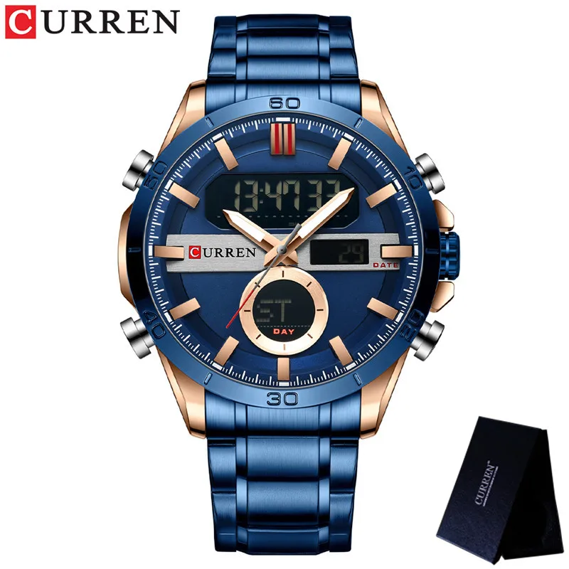 CURREN Sport Men Watch Top Brand Luxury Military Business LED Male Clock Blue Stainless Steel Quartz Digital Man Wristwatch 8384 | Наручные