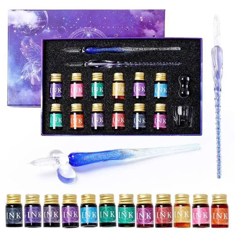 

16 Pins/gradient box Glass pen Starry sky glitter dip gold pen powdered 12 colours ink present school drawing art supplies