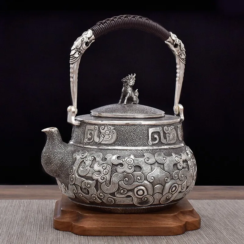 

Silver kettle, sterling silver 999 silver teapot, household kung fu tea set, anti-scalding handmade silver kettle, 874g, 1.3L
