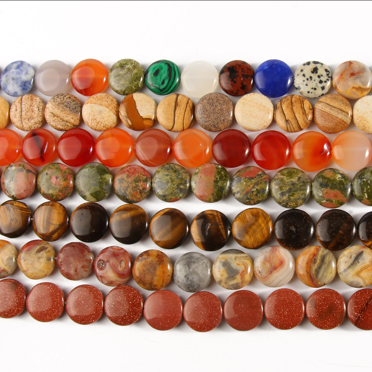 

Natural Stone Turquoises Tiger Eye Agates Jaspers Chalcedony Round Coin Loose Beads for Jewelry Making DIY Bracelet Accessories