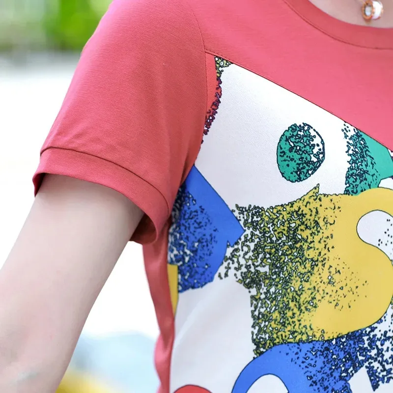 

Mom Summer solid tracksuit two piece set Fashion O-Neck Printing short sleeves top+Calf-Length Pants Casual plus size outfits