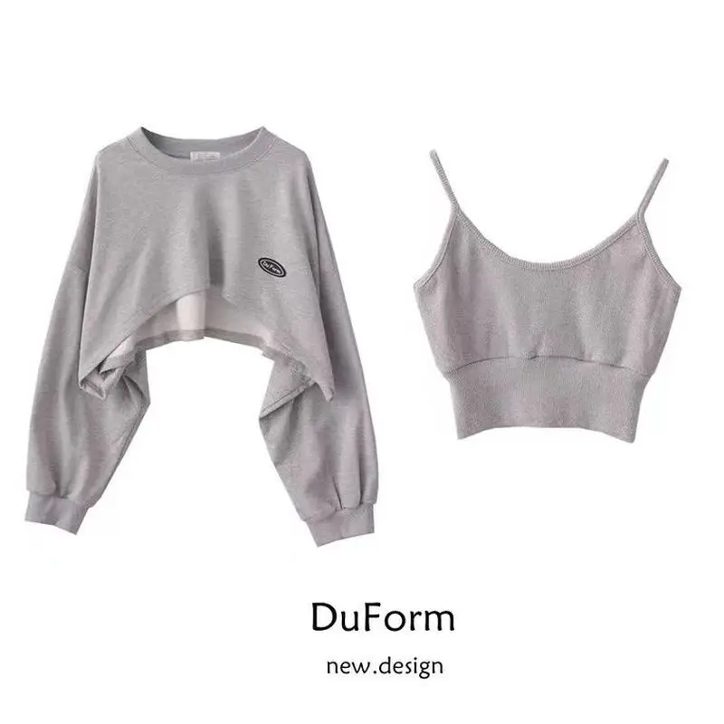 

Autumn Short Vest Loose Sweatshirt Two-piece Suit Sports Jacket High Waist Workout Tops Womens Athletic Shirts
