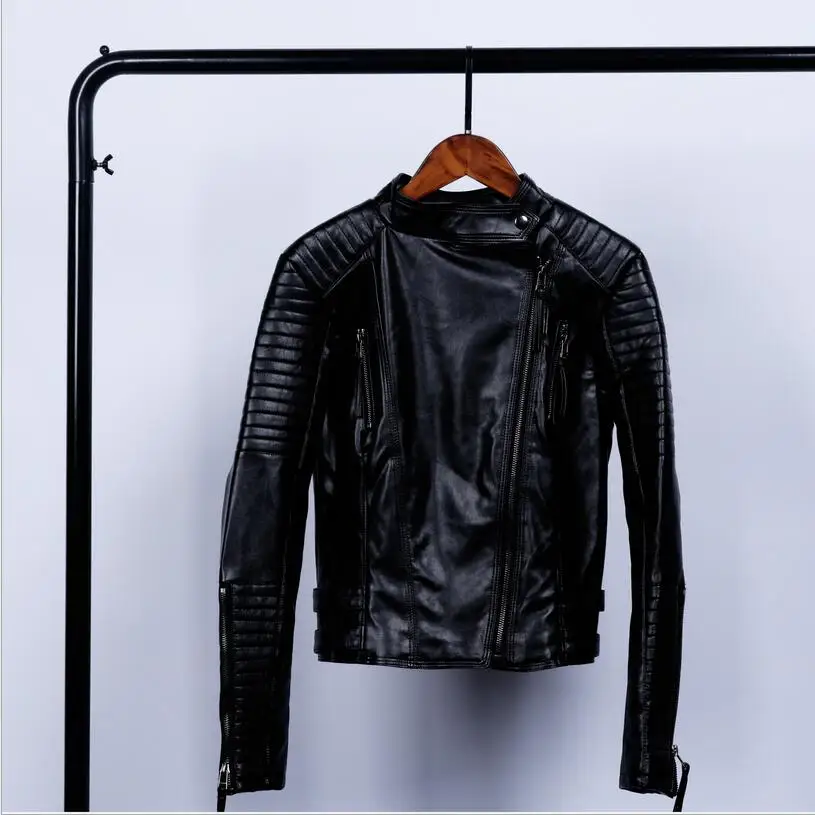 

And Winter Autumn Large Size Women Clothing Short Section Jacket Motorcycle Pu Leather Black Zipper Stand Collar Coat / S-xl