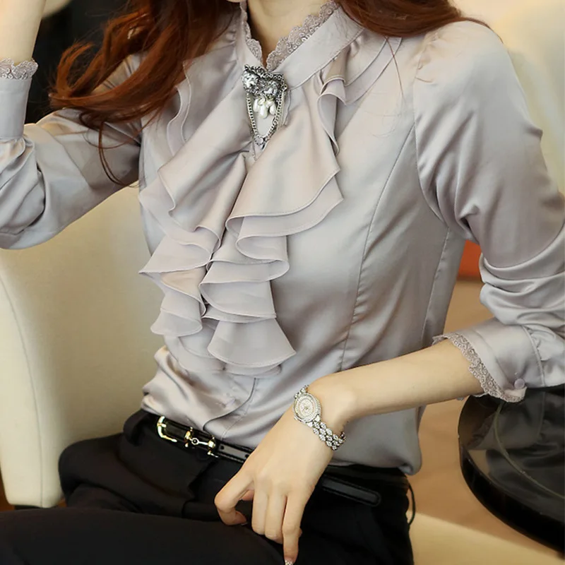 2020 Spring Autumn Women Ruffles Chiffon Bottom Shirt & Blouse Feminine Bow Long Sleeve Stand OL Tops Femina Blusa