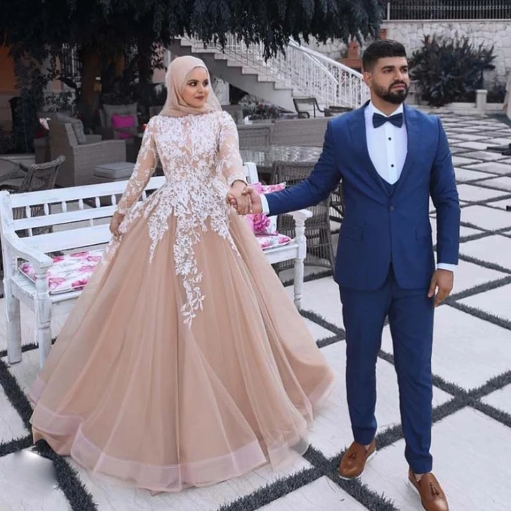 

Dubai Arabic Champagnes Tulle A Line Wedding Dresses White Appliques Full Sleeves Bridal Gowns Vestidos De Noiva Plus Size 2021