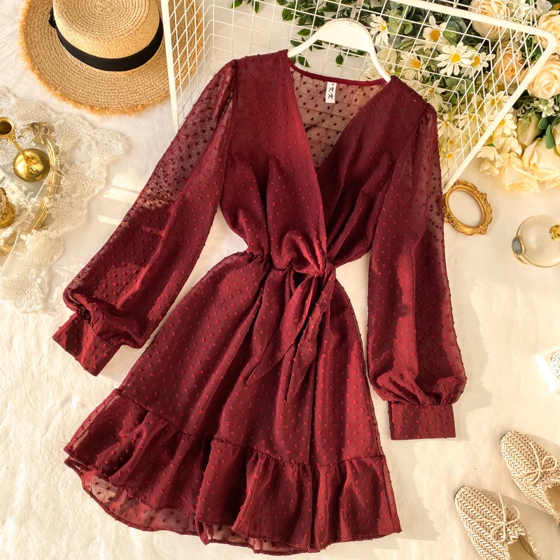 Женское шифоновое платье в Корейском стиле с v образным вырезом и кружевной