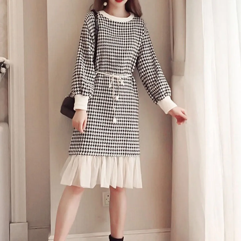 Корейское шерстяное платье средней длины до колена темпераментные сетчатые