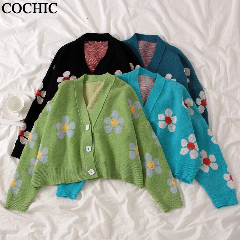 

Flower Knit Cardigans Sweater Women V Neck Loose elegaht warm Print Short Casual girl knited Coat