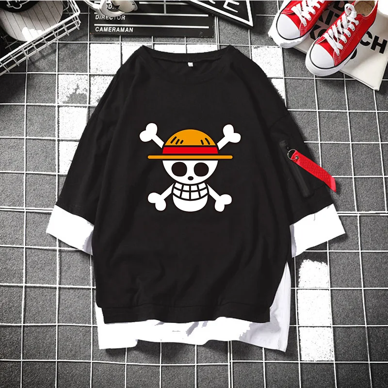 

Футболка Luffy с коротким рукавом и белой бородой, модная свободная футболка с круглым вырезом и анимацией в стиле K-POP, модная мультяшная футбо...
