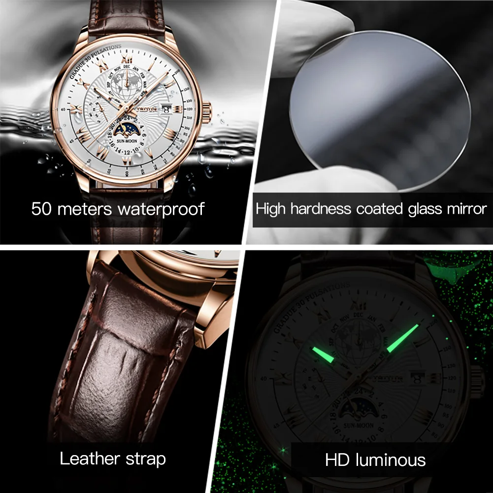 

JSDUN Mechanical Watch Men Top Brand Luxury Business Automatic Watch Leather Waterproof Moon Phase Wristwatch relogio masculino