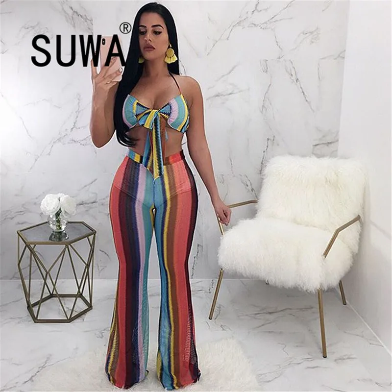 

Женский костюм из двух предметов, летний костюм в контрастную полоску с укороченным топом без рукавов, туника с высокой талией и расклешенн...