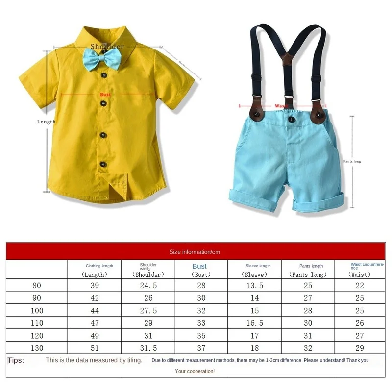 

2021 summer new children's suit Boy's suspender shorts + yellow short-sleeved shirt Boy's cotton British style casual suit