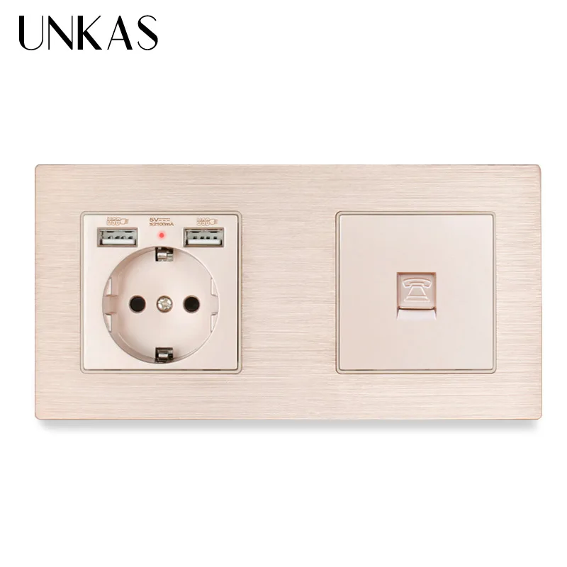 UNKAS ЕС Стандартный розетка с двойной USB выход + 1 Gang RJ11 Тел Гнездо соединителя