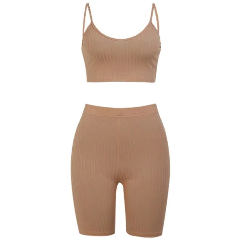 

Y166 Women 2 Piece Sports Tracksuit Set Spaghetti Strap Crop Top High Waist Biker Shorts Ribbed Knit Bodycon Lounge Outfits