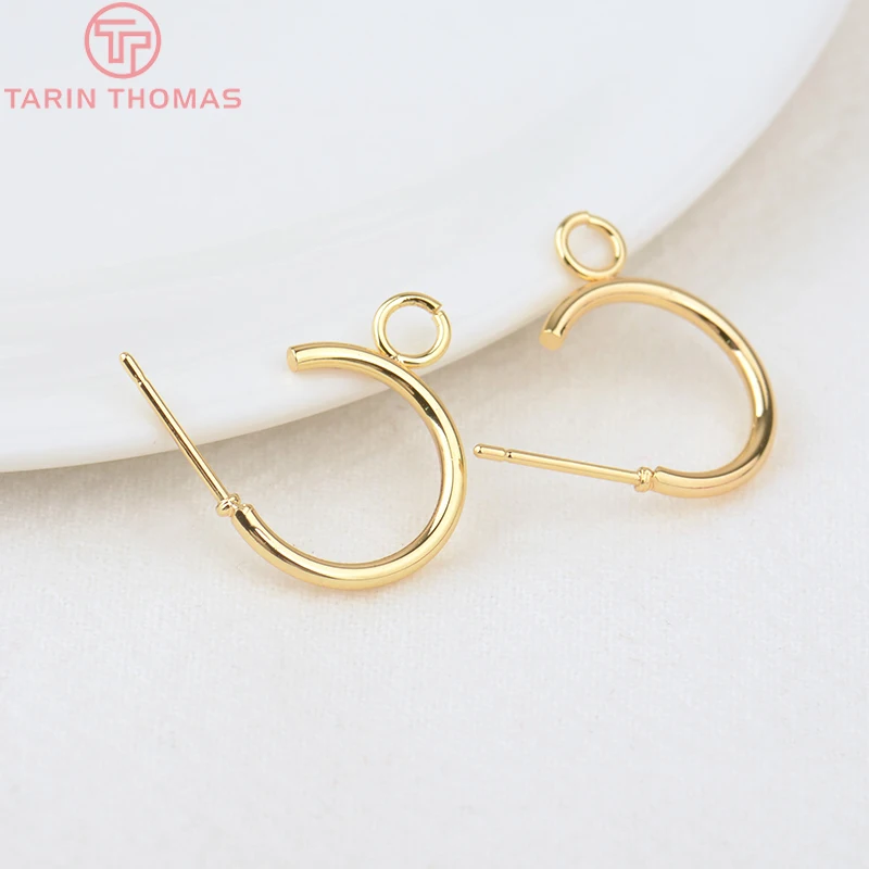 Позолоченные латунные круглые серьги гвоздики с отверстием для подвешивания 10