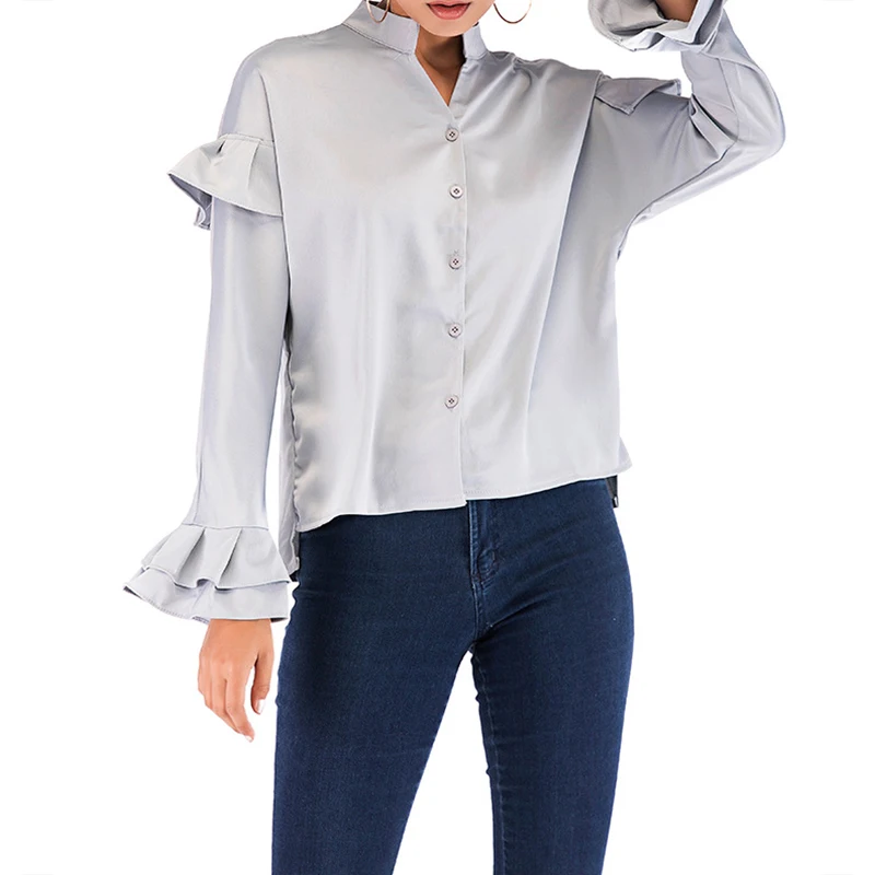 

2020 Spring Autumn Women Solid Color Loose Petal Long Sleeve Half Open Collar Shirt All-match Fashion Casual Single-breasted Top