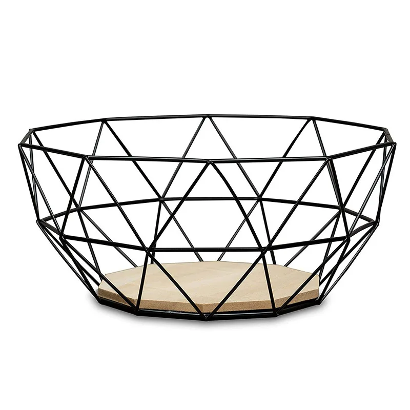 

Geometric Design Back Wire Wrought Iron Storage Basket Wooden Base Fruit Bread Storage Rack Egg Dessert Holder Home Kitchen Tool