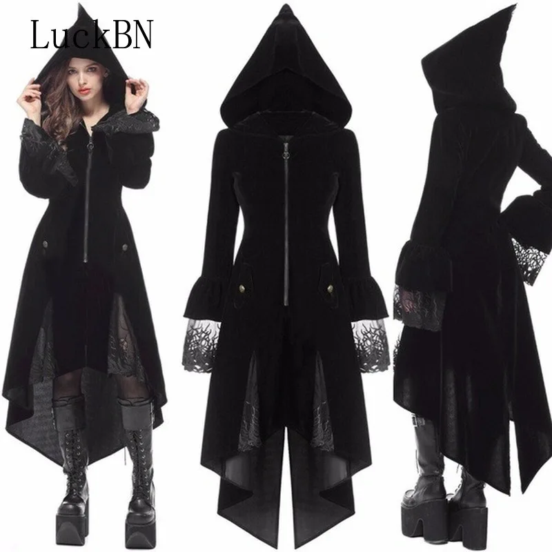 LuckBN 5XL, пальто большого размера, Женское пальто,, осенне-зимнее пальто, пальто Brother, тонкое, длинное, ретро, готическое, средневековое, женская черная куртка