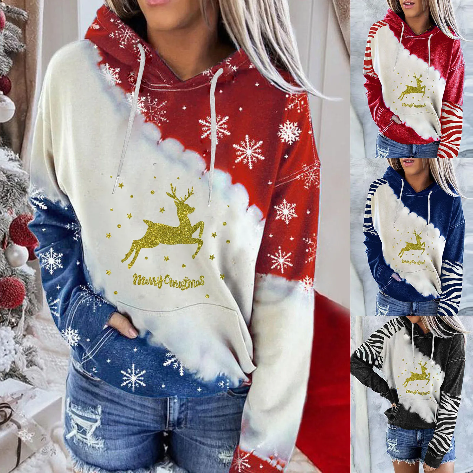 

Ladies O Neck Pocket Long-Sleeved Hoodie Christmas Tether Print Top Sweatshirt