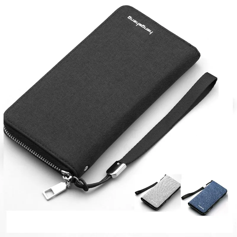 Бумажник Для мужчин на молнии Блокировка холст Длинный кошелек для монет карман